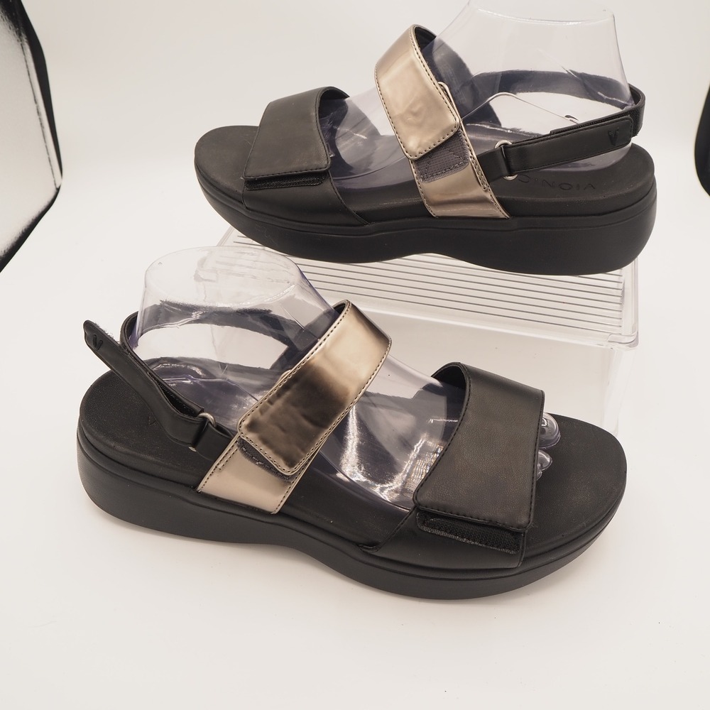 Vionic Fay Adjustable Wedge Sandals Black/Pewter Women's Sz 10 Platform Orthotic - Picture 5 of 8
